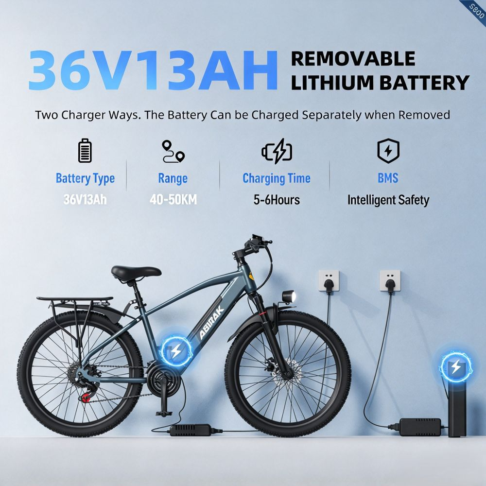Una bicicleta eléctrica gris con batería de litio extraíble, información de carga y enchufes.