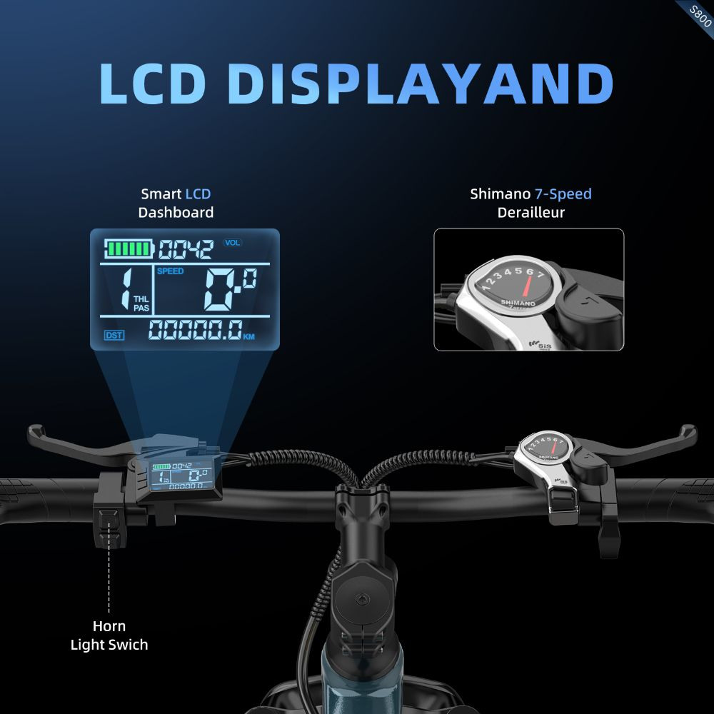 Manillar de bicicleta eléctrica con pantalla LCD inteligente, cambio Shimano de 7 velocidades y bocina.