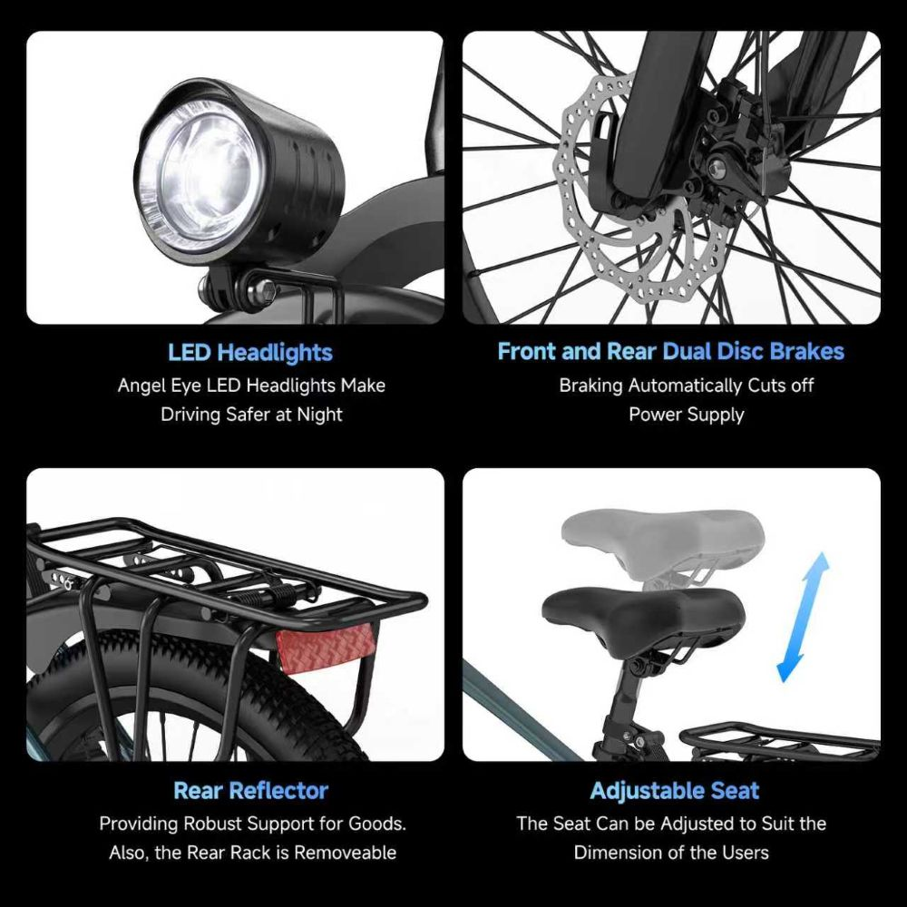 Cuatro paneles que muestran características de la bicicleta: faro LED, freno de disco, portaequipajes y asiento ajustable.