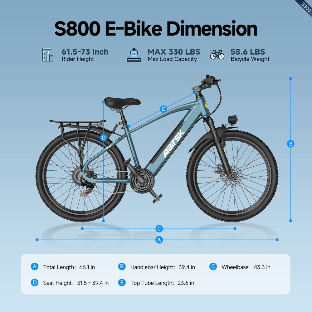 Diagrama de dimensiones de la bicicleta eléctrica S800 que muestra medidas de longitud, altura y distancia entre ejes.