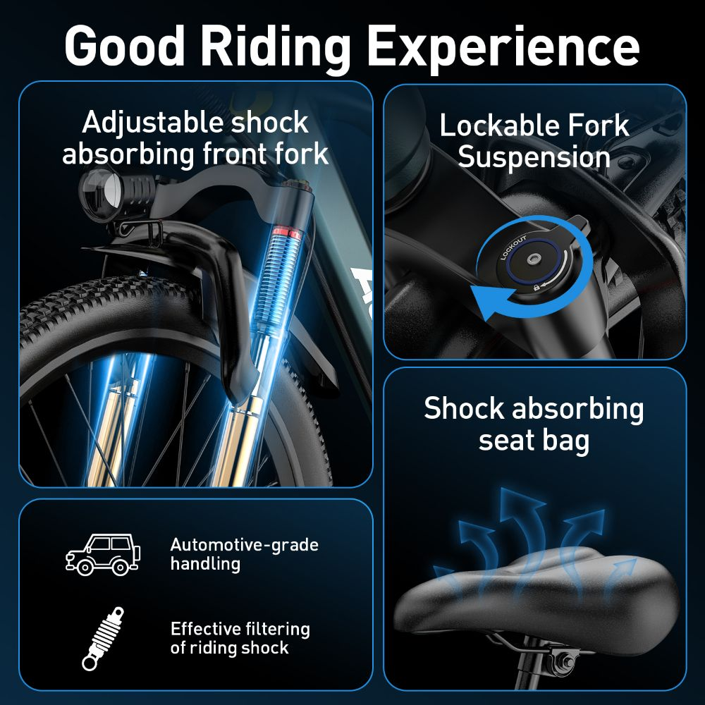 Características de la e-bike: horquilla ajustable, suspensión bloqueable, sillín amortiguado y manejo automotriz.