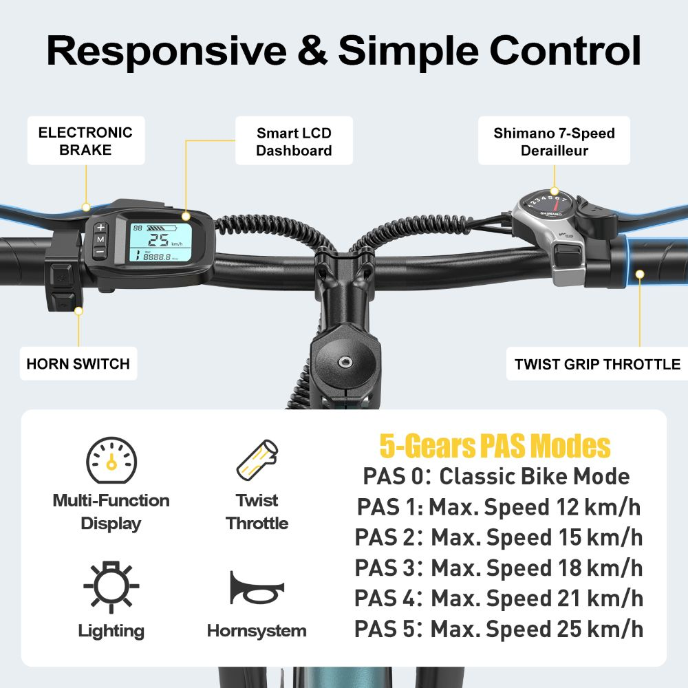 Manillar de bicicleta eléctrica con pantalla LCD, frenos y cambio Shimano de 7 velocidades, con etiquetas.