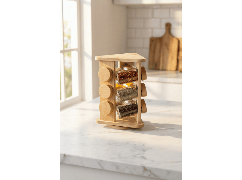 ACAR Malibu Bambu Döner Standlı 9'lu Boroslikat Cam LND-08684 Baharatlık Seti