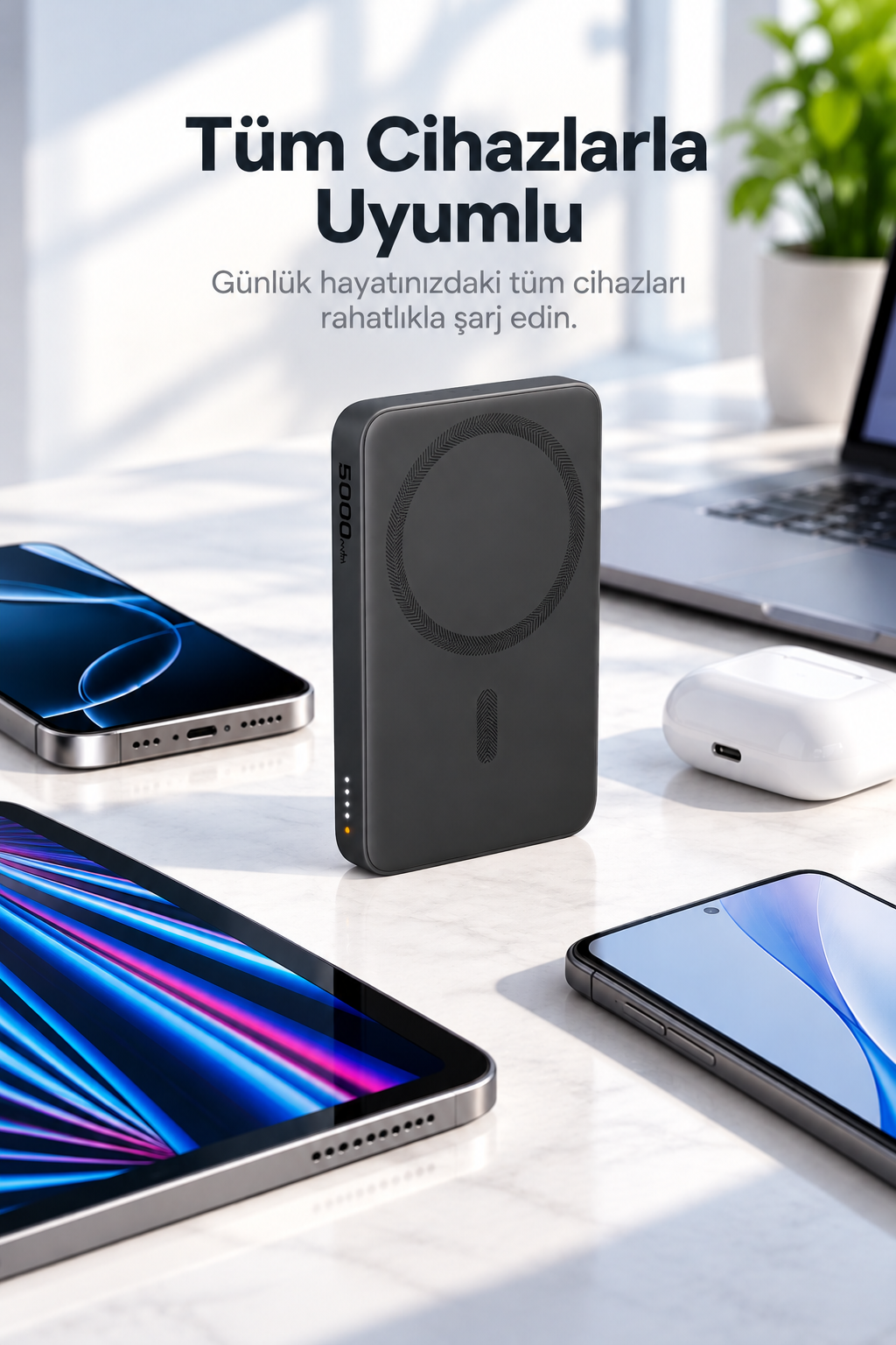 Masa üzerinde siyah bir powerbank, etrafında tablet, akıllı telefon, kulaklık kutusu ve arka planda bir dizüstü bilgisayar.