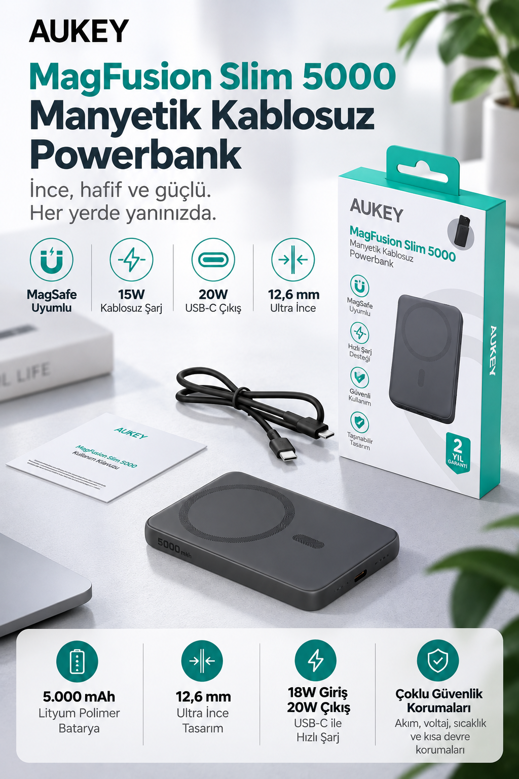 Aksesuarları, kutusu ve özellik simgeleriyle birlikte beyaz arka planda Aukey MagFusion Slim 5000 powerbank.