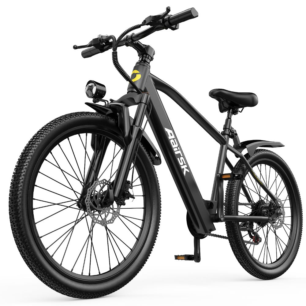 Una bicicleta eléctrica negra con marco y neumáticos gruesos sobre fondo blanco.