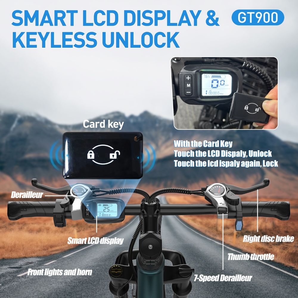 Manillar de bicicleta eléctrica con pantalla LCD inteligente y desbloqueo por tarjeta, ante montañas.
