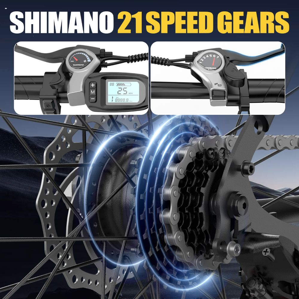 Cambios Shimano de 21 velocidades con pantalla en el manillar y piñones traseros.