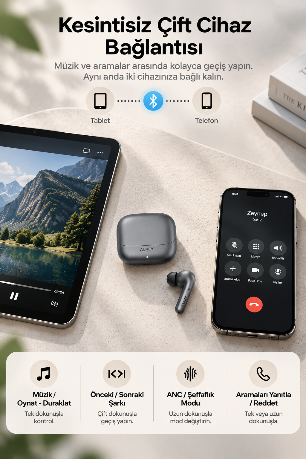 Tablet ve telefon arasında Bluetooth bağlantısı gösteren kulaklık tanıtım görseli.