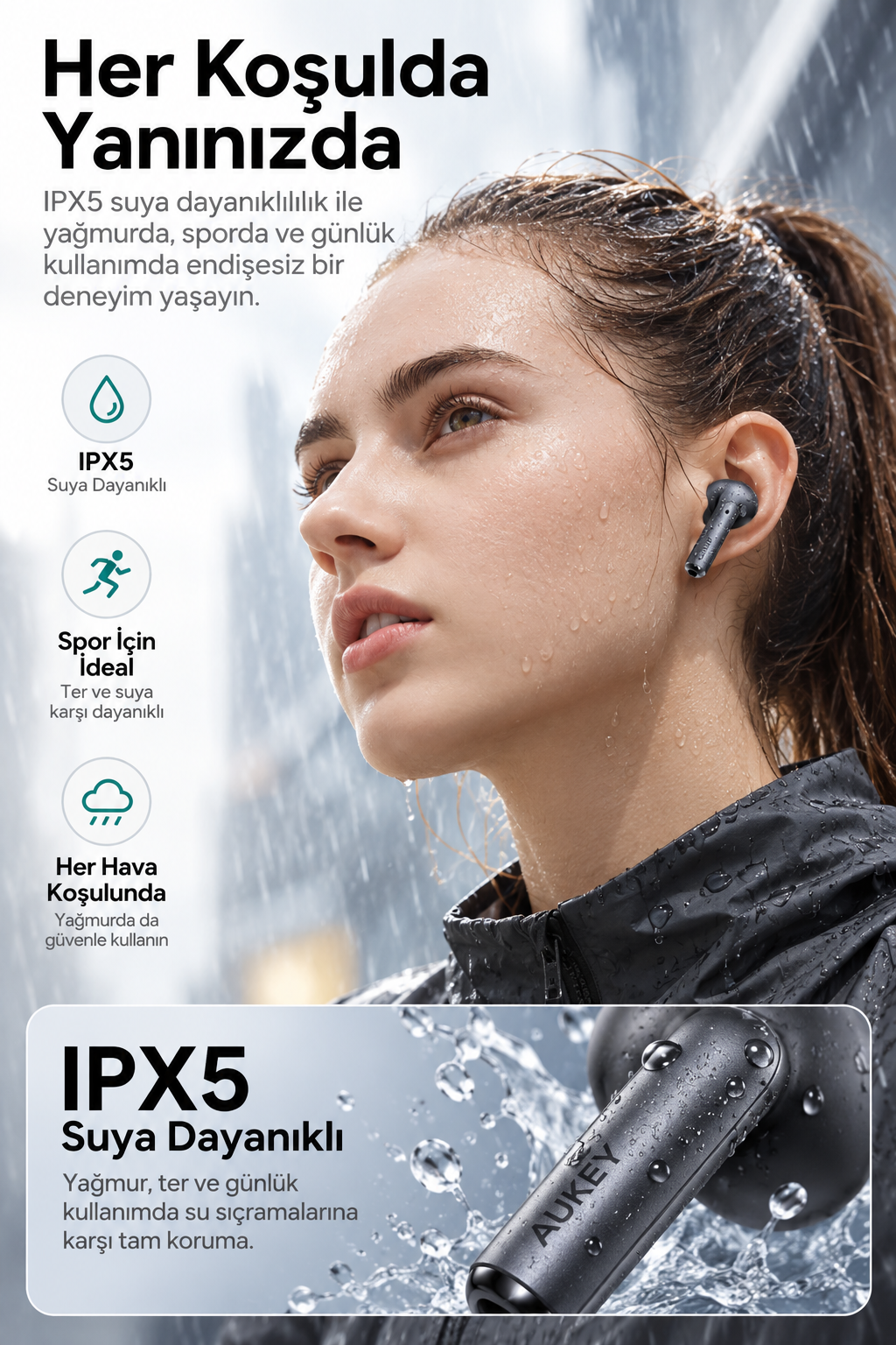 Yağmurda siyah kulaklıklı ıslak bir kadın ve IPX5 suya dayanıklılık yazısı.