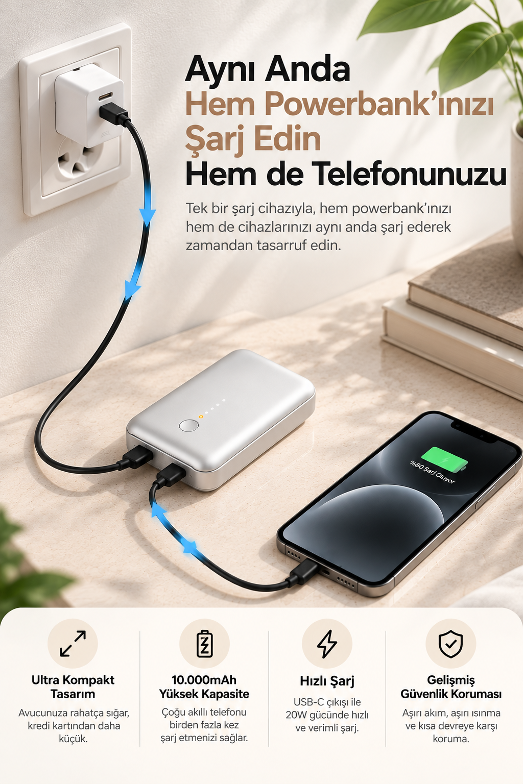 Duvar şarj cihazından bir powerbank ve akıllı telefon aynı anda şarj ediliyor.