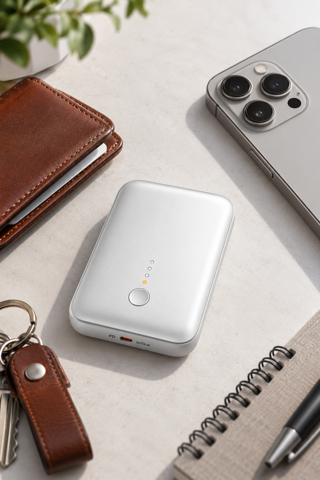 Bir masa üzerinde telefon, cüzdan, anahtarlar ve not defteri ile gümüş renkli bir powerbank.