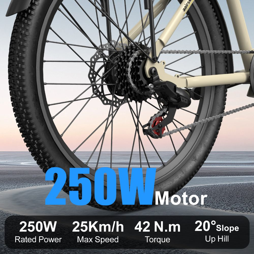Primer plano de la rueda trasera de una e-bike con marchas, cadena y texto de motor de 250W.