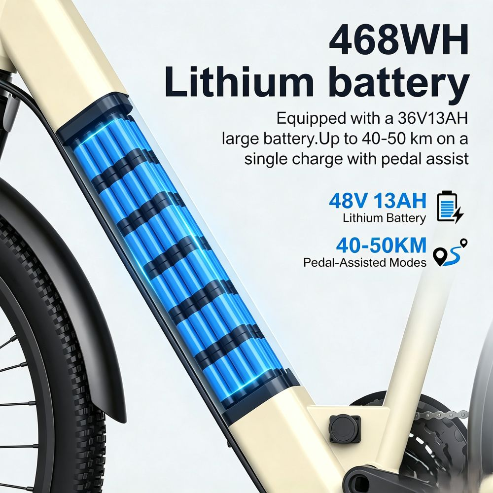 Cuadro de bicicleta eléctrica con vista transparente de baterías de litio cilíndricas azules y detalles.