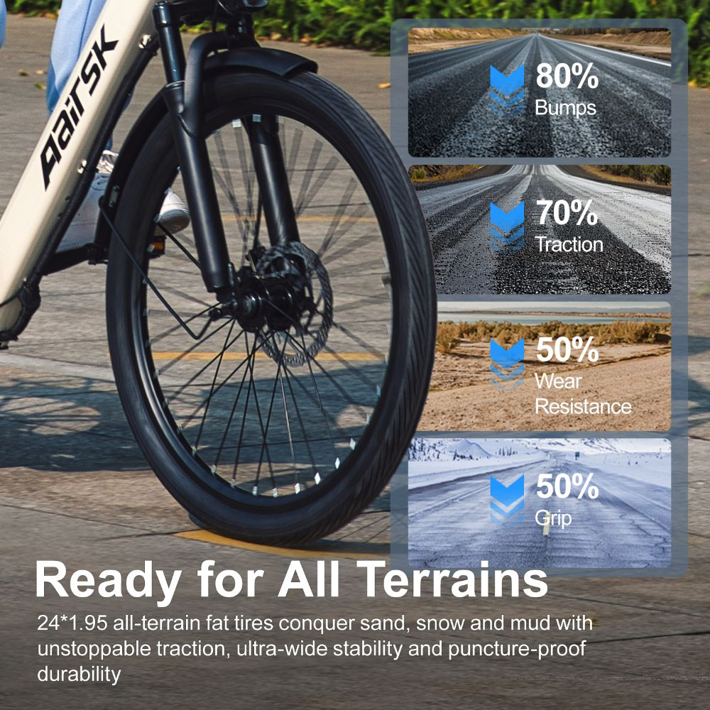 Un neumático de bicicleta con infografías sobre baches, tracción, resistencia al desgaste y agarre.