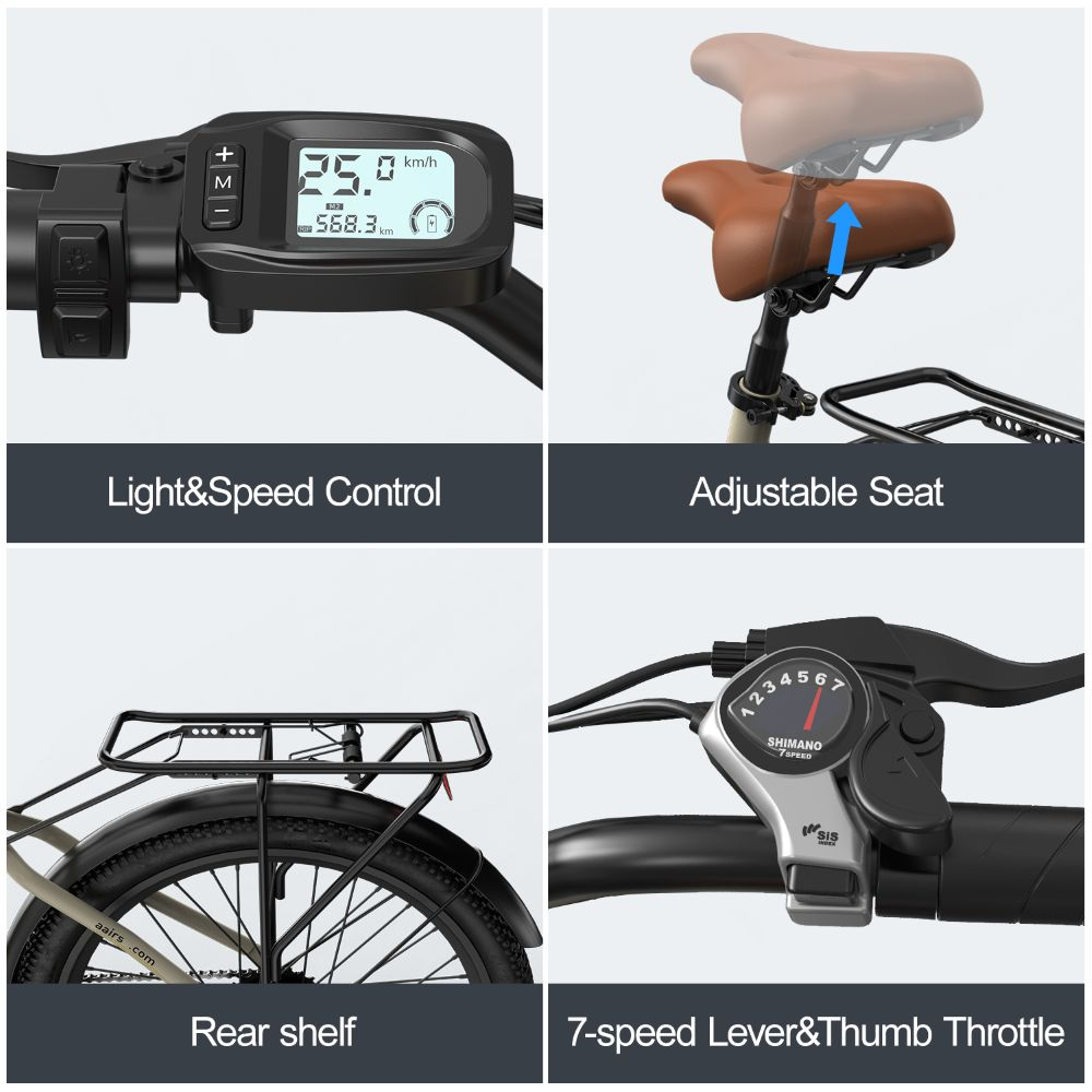 Cuatro paneles que muestran características de la bicicleta: pantalla, asiento ajustable, parrilla y cambio de 7 velocidades.