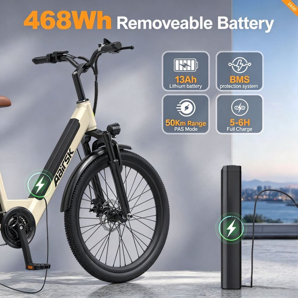 Bicicleta eléctrica beis con batería extraíble e iconos técnicos.