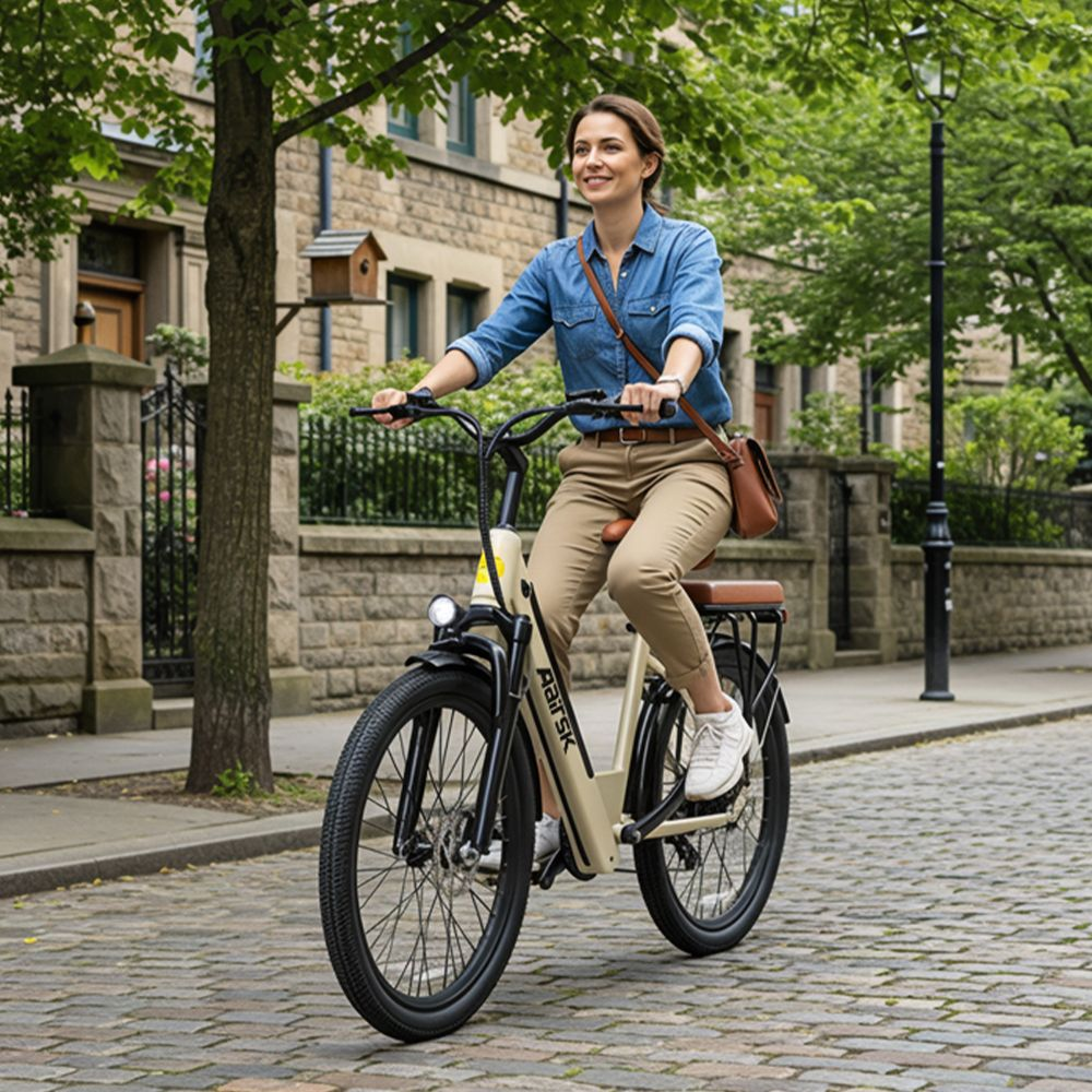 Una mujer sonriente monta en una bicicleta eléctrica beige por una calle empedrada con edificios de piedra.