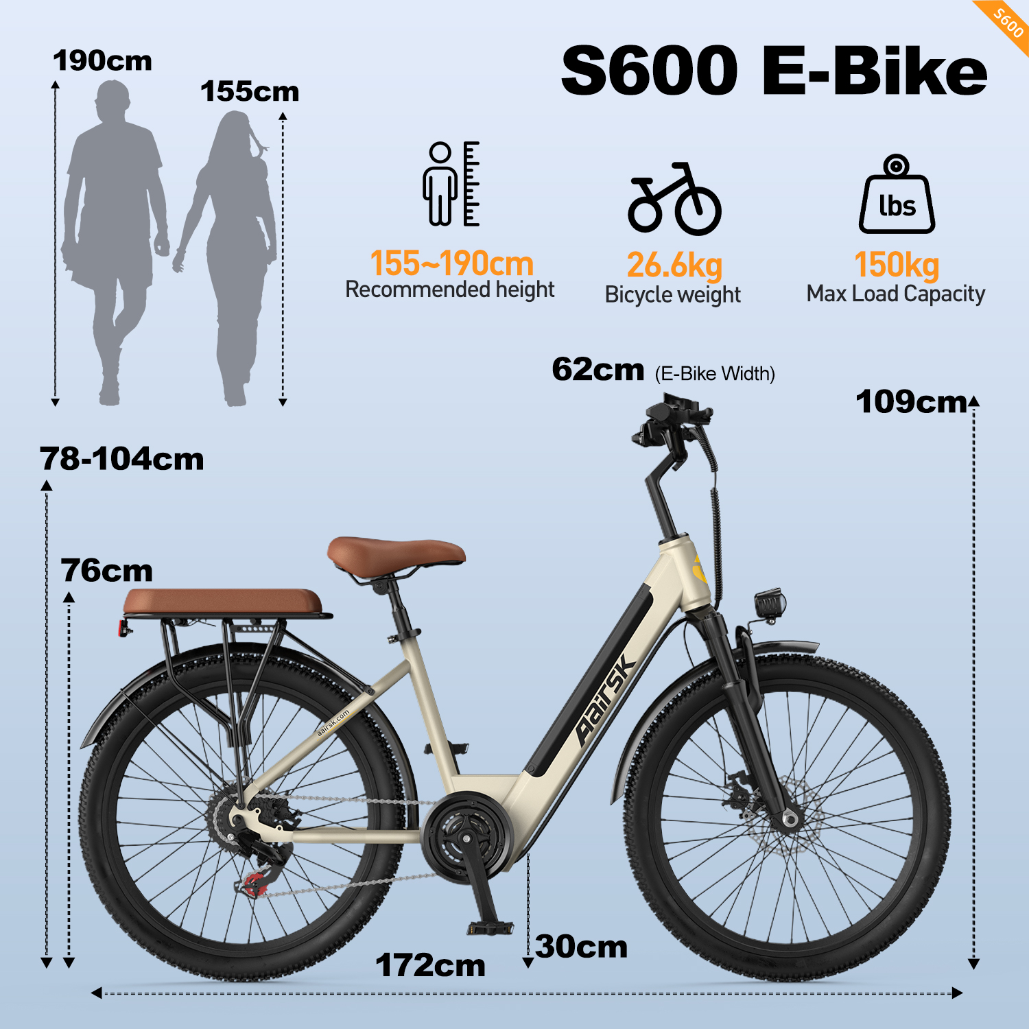 Dibujo técnico que muestra las medidas y especificaciones de peso de la bicicleta eléctrica S600.