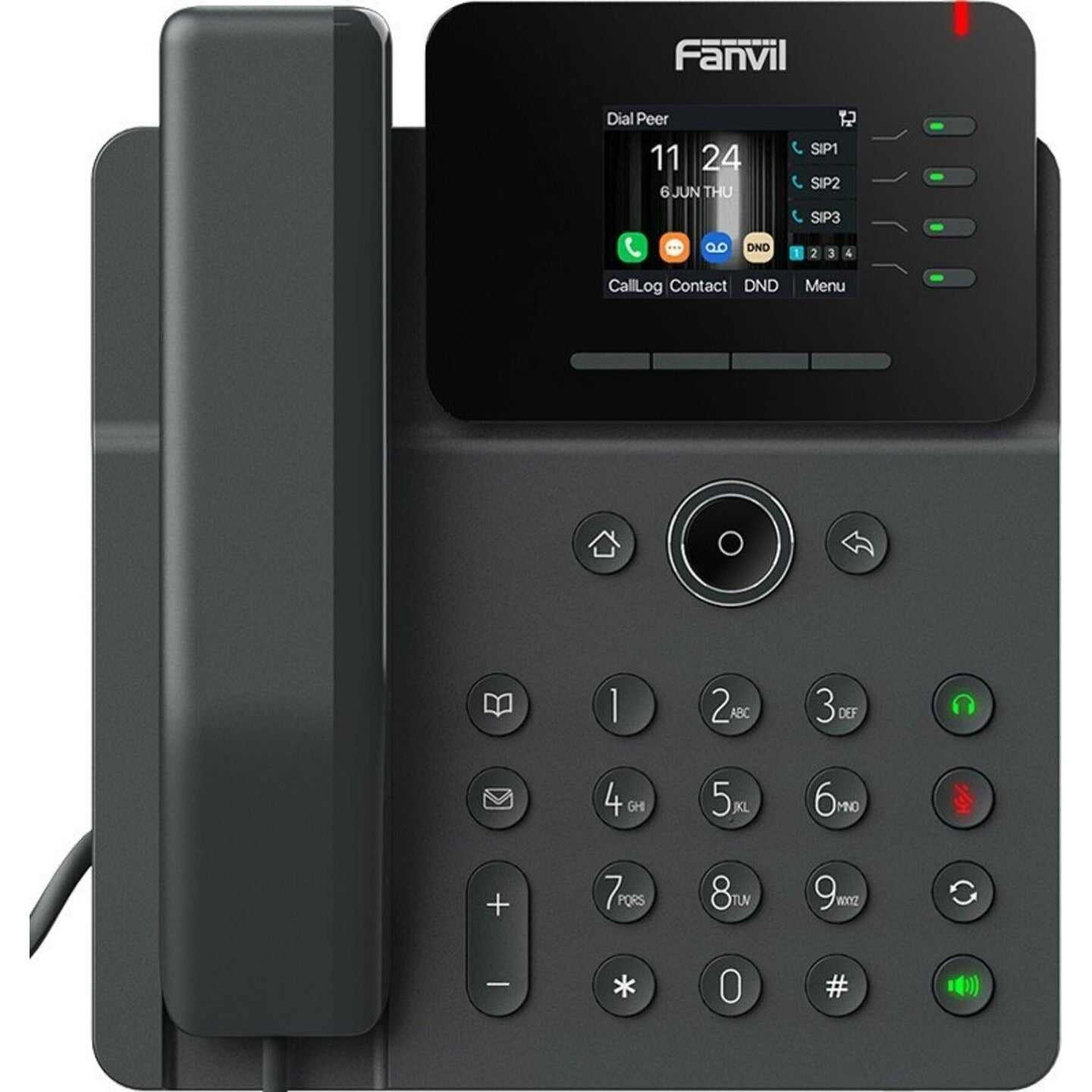 Ein schwarzes Fanvil-IP-Telefon mit Farbdisplay, Handhörer links und Ziffernblock.