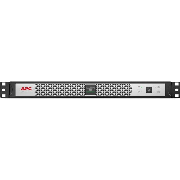 Una unidad APC Smart-UPS gris con una rejilla de patrón triangular negro y botón de encendido al frente.