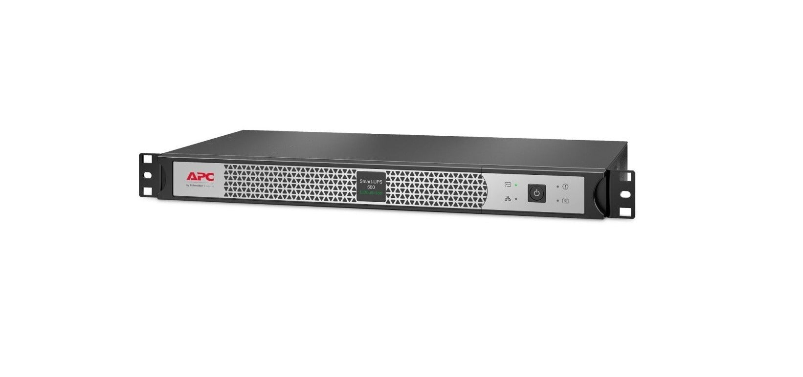Dispositivo de rack APC Smart-UPS negro con rejilla perforada, logotipo de la marca y botón de encendido.