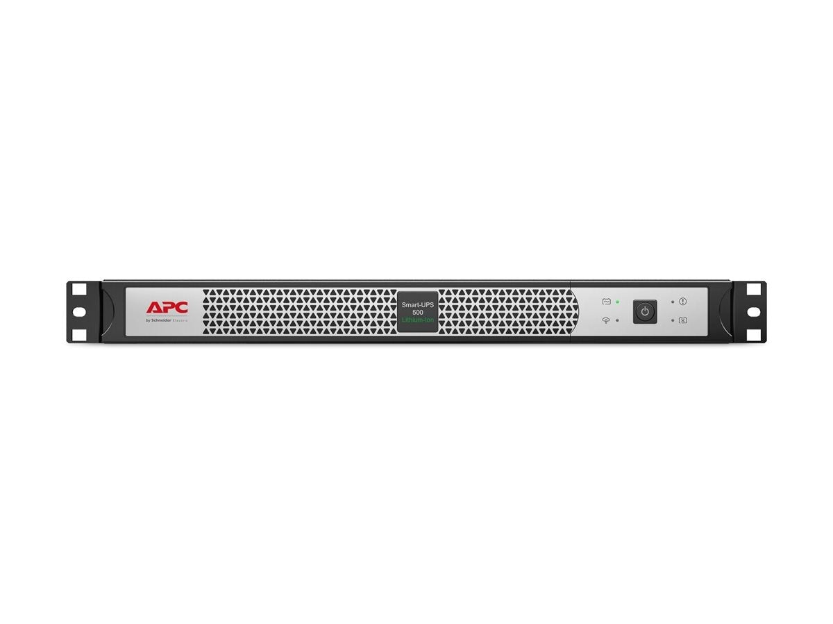 Unidad de rack APC Smart-UPS 500 negra sobre fondo blanco.