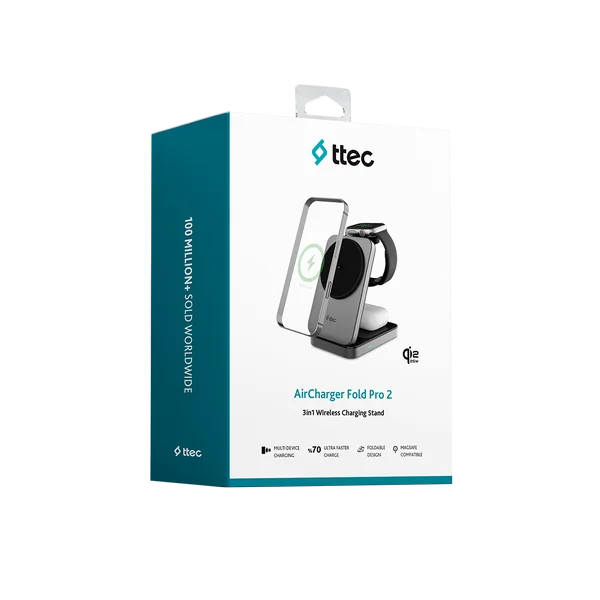 Ttec AirCharger Fold Pro 2 3ü1 arada kablosuz şarj standının kutusu.