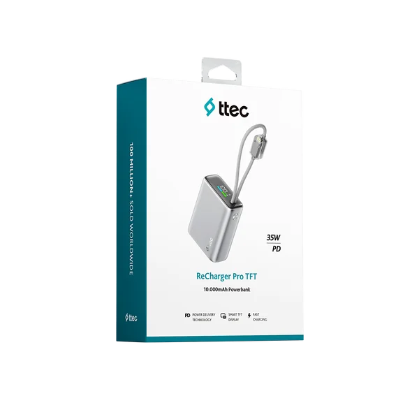 Dahili kablolu Ttec ReCharger Pro TFT 10.000mAh powerbank için beyaz ve turkuaz ambalaj.