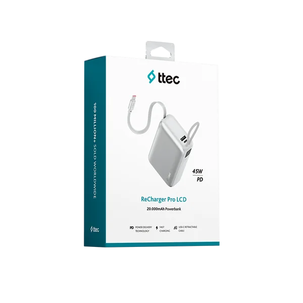 Entegre kablo ve LCD ekranlı beyaz ttec ReCharger Pro LCD 20.000mAh Powerbank ambalajı.