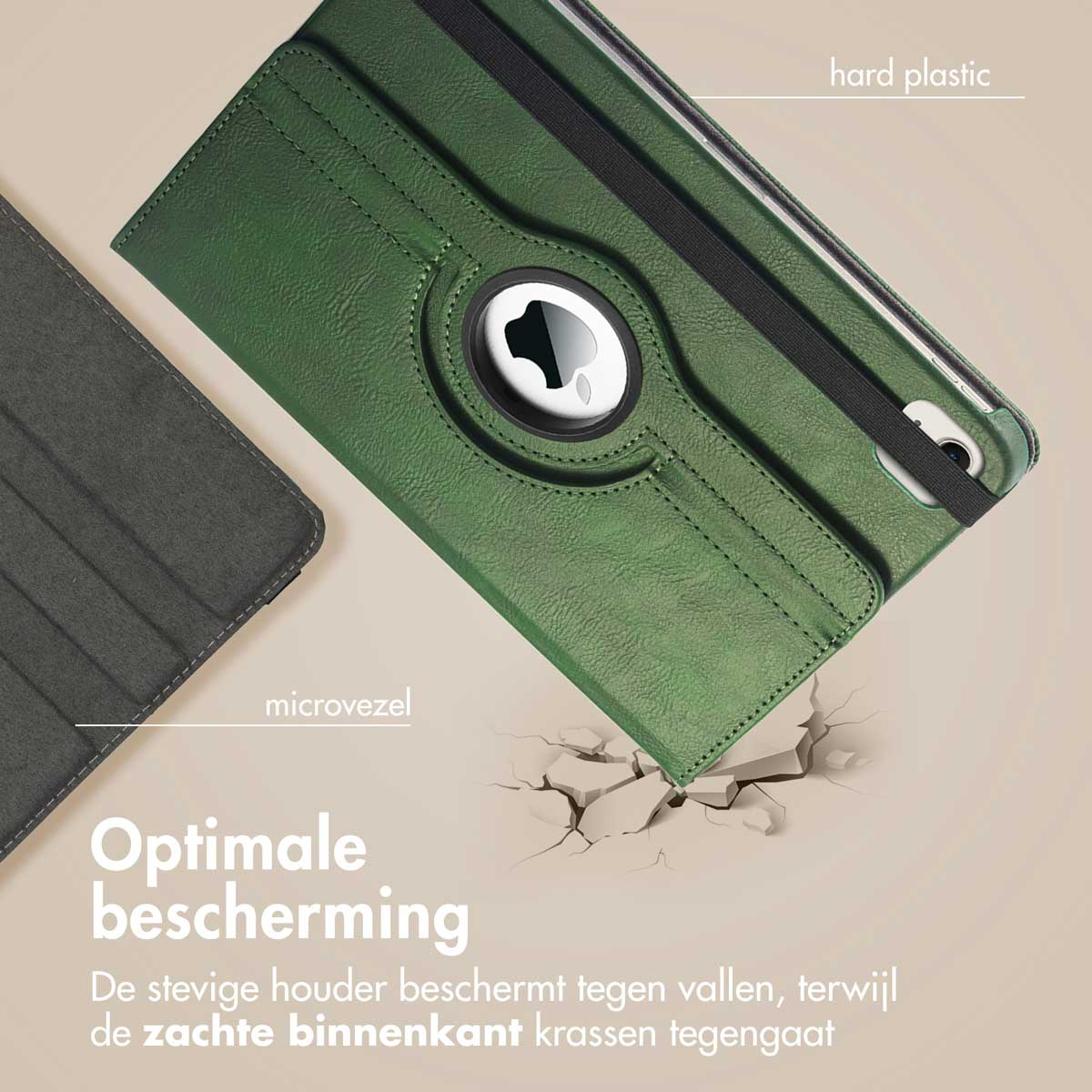 Green tablet case with hard plastic and microfibre interior, showing drop protection features with Dutch text.