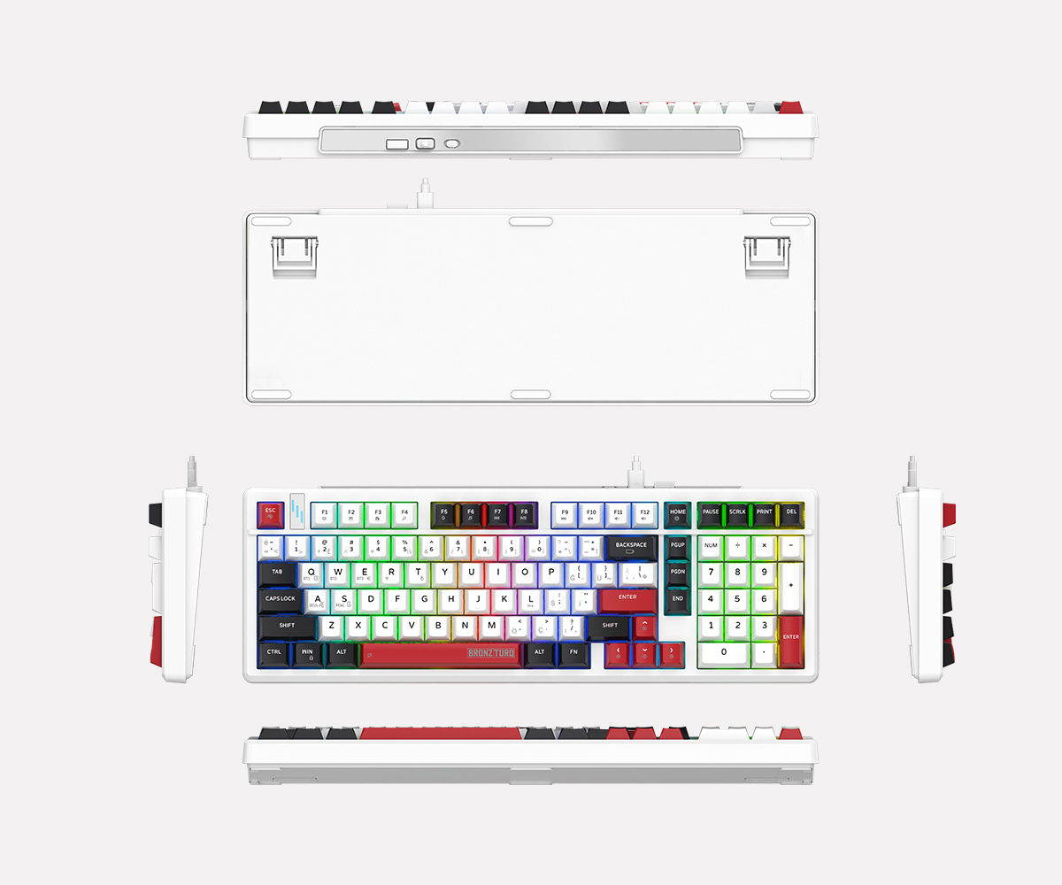 Renkli RGB arka aydınlatmalı beyaz mekanik klavyenin çoklu görünümleri.