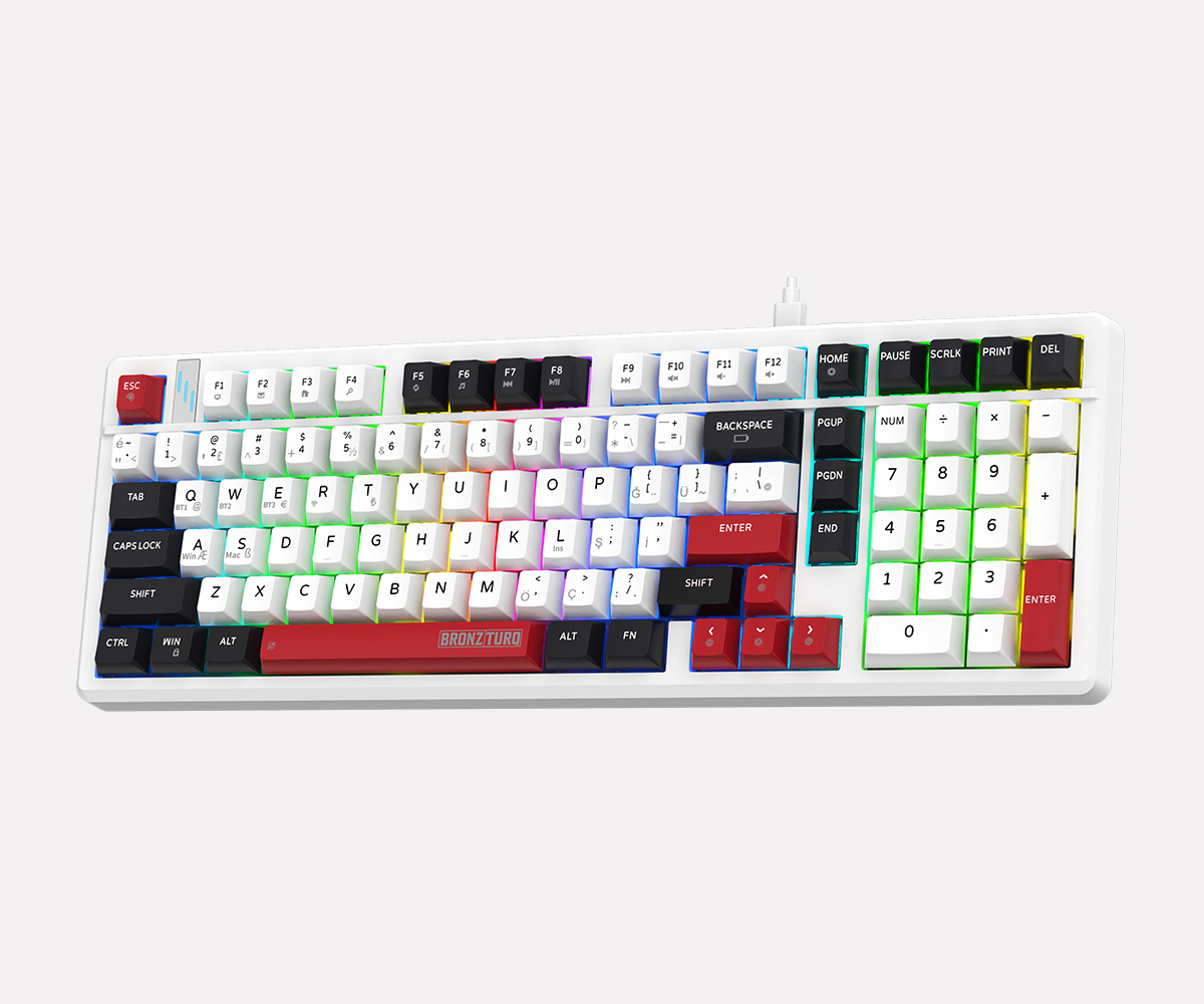 Kırmızı, siyah ve beyaz renkli tuş başlıklarına ve RGB arka aydınlatmaya sahip beyaz mekanik klavye.