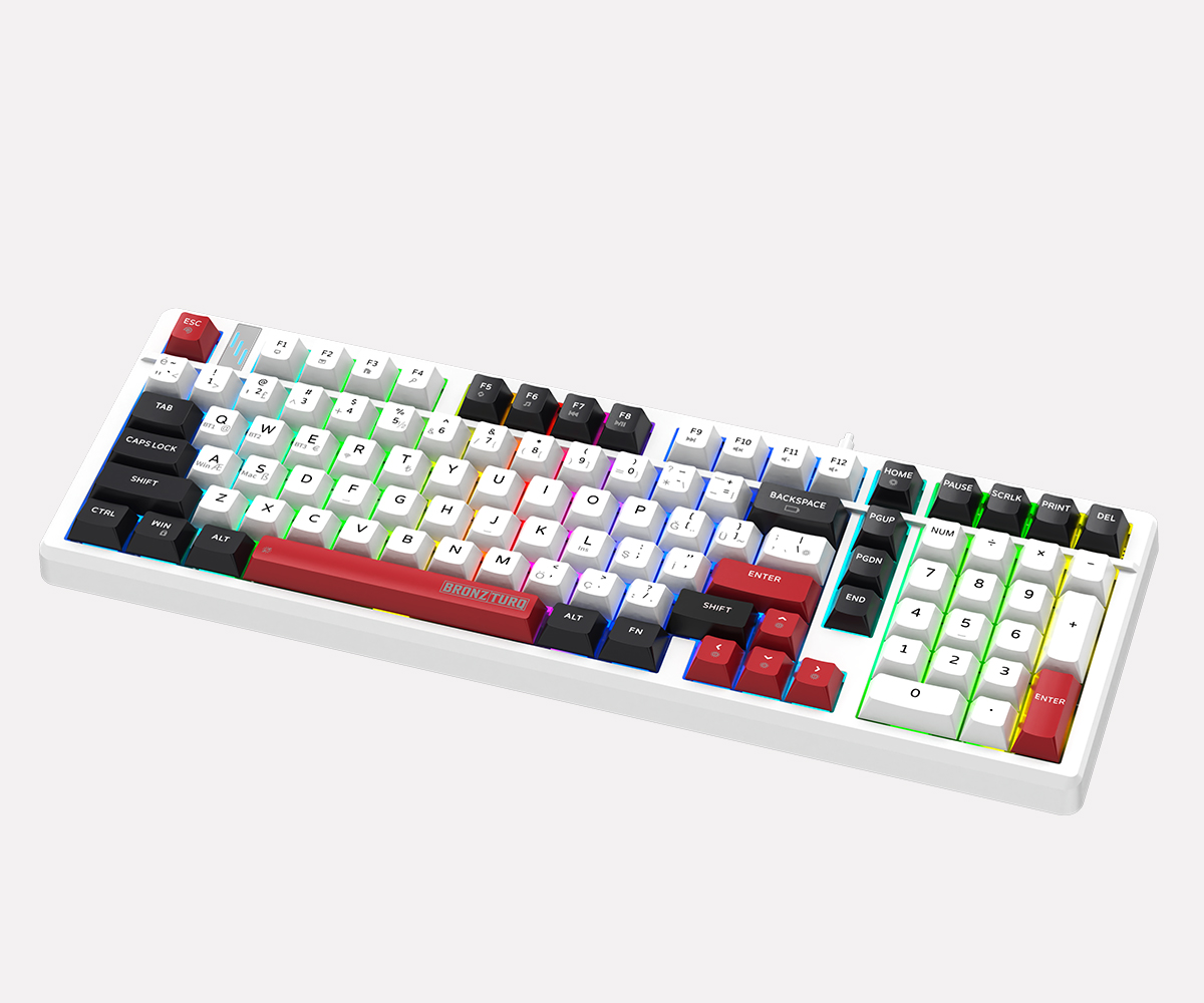 Beyaz, siyah ve kırmızı renkli tuşlara ve RGB aydınlatmaya sahip beyaz mekanik bir klavye.