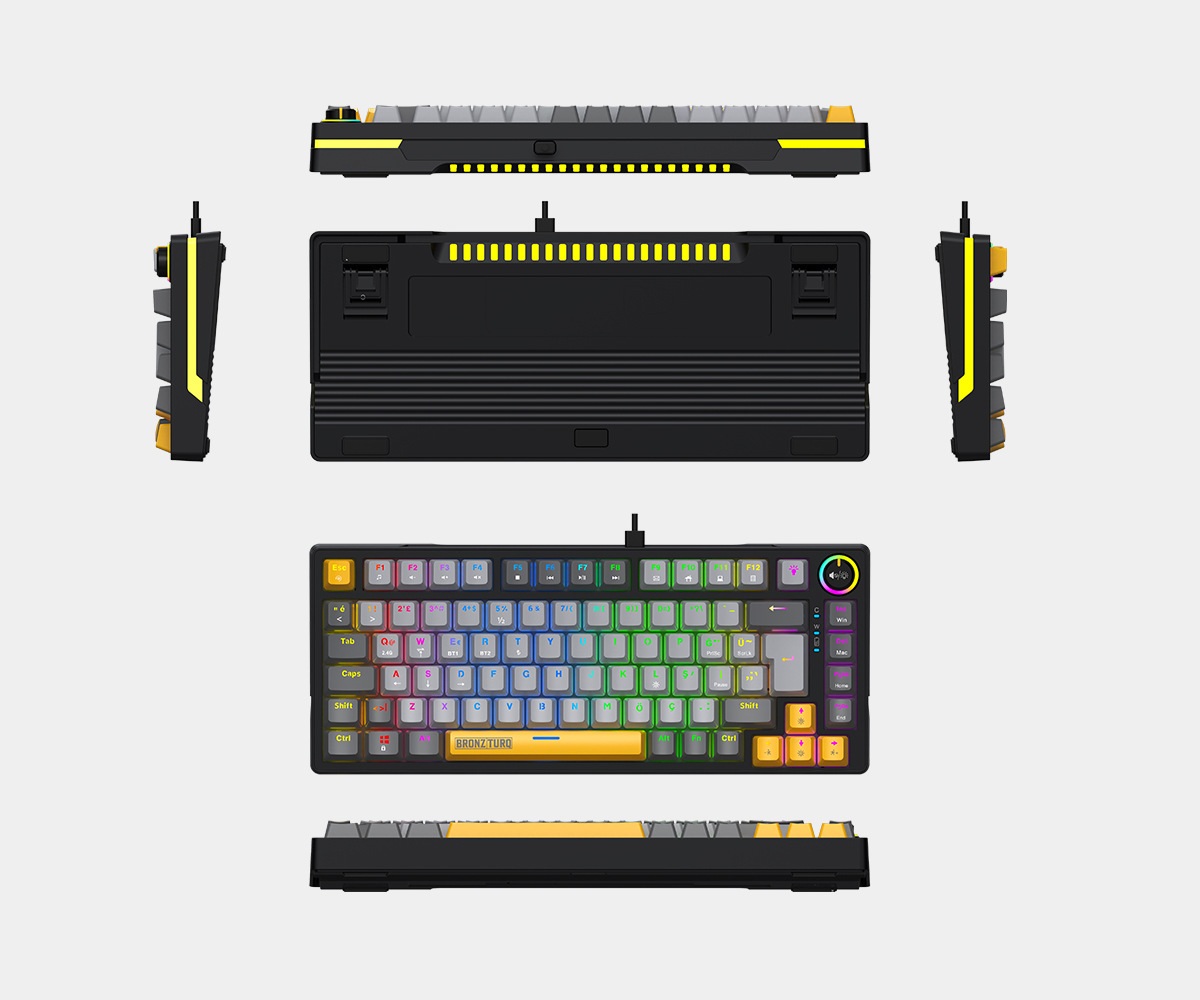 Birden fazla açıdan gösterilen sarı vurgulu ve RGB aydınlatmalı siyah oyun klavyesinin teknik çizimi.