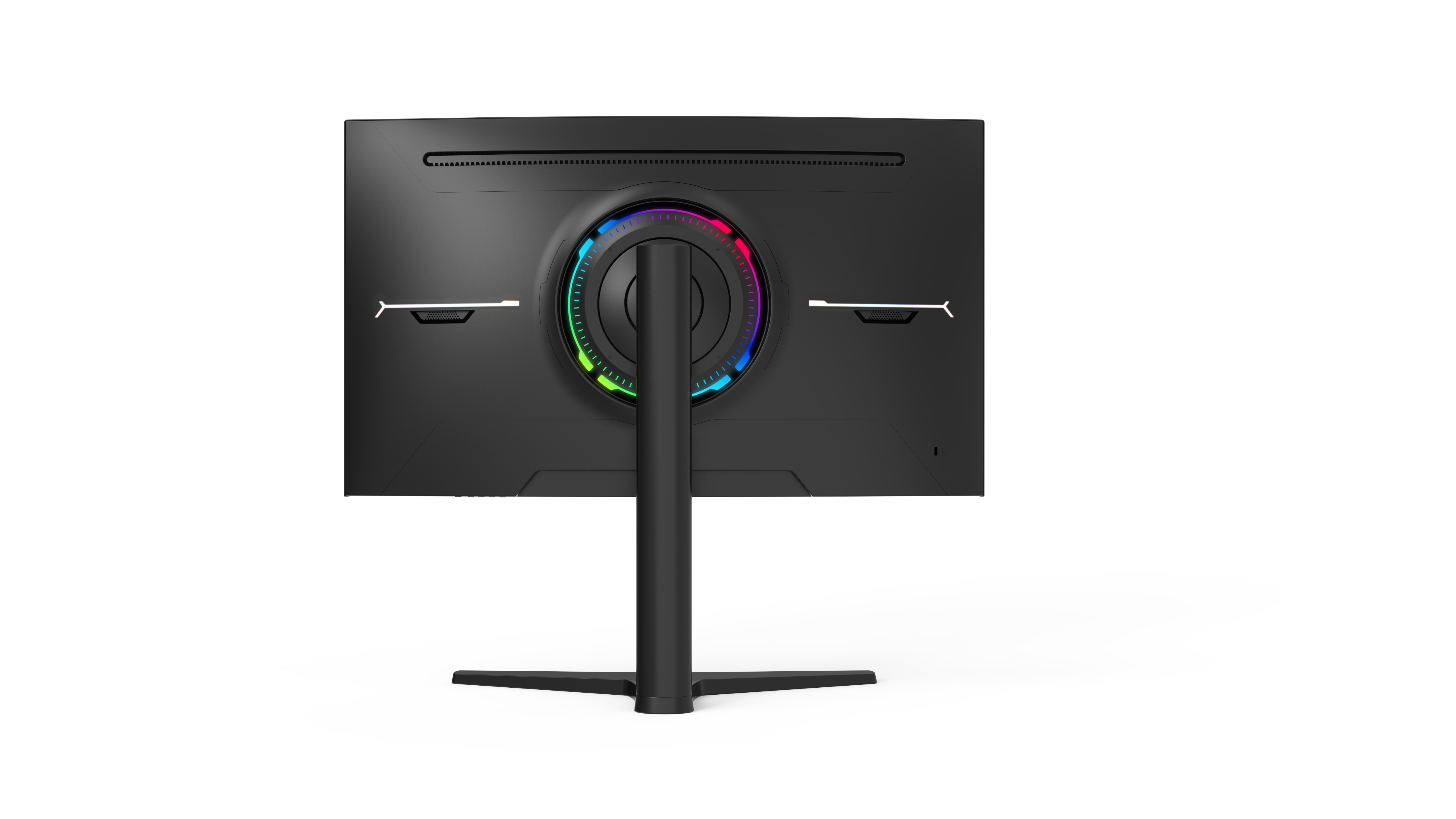 Beyaz arka plan üzerinde standın etrafında RGB aydınlatma halkası bulunan siyah bir oyun monitörünün arkası.