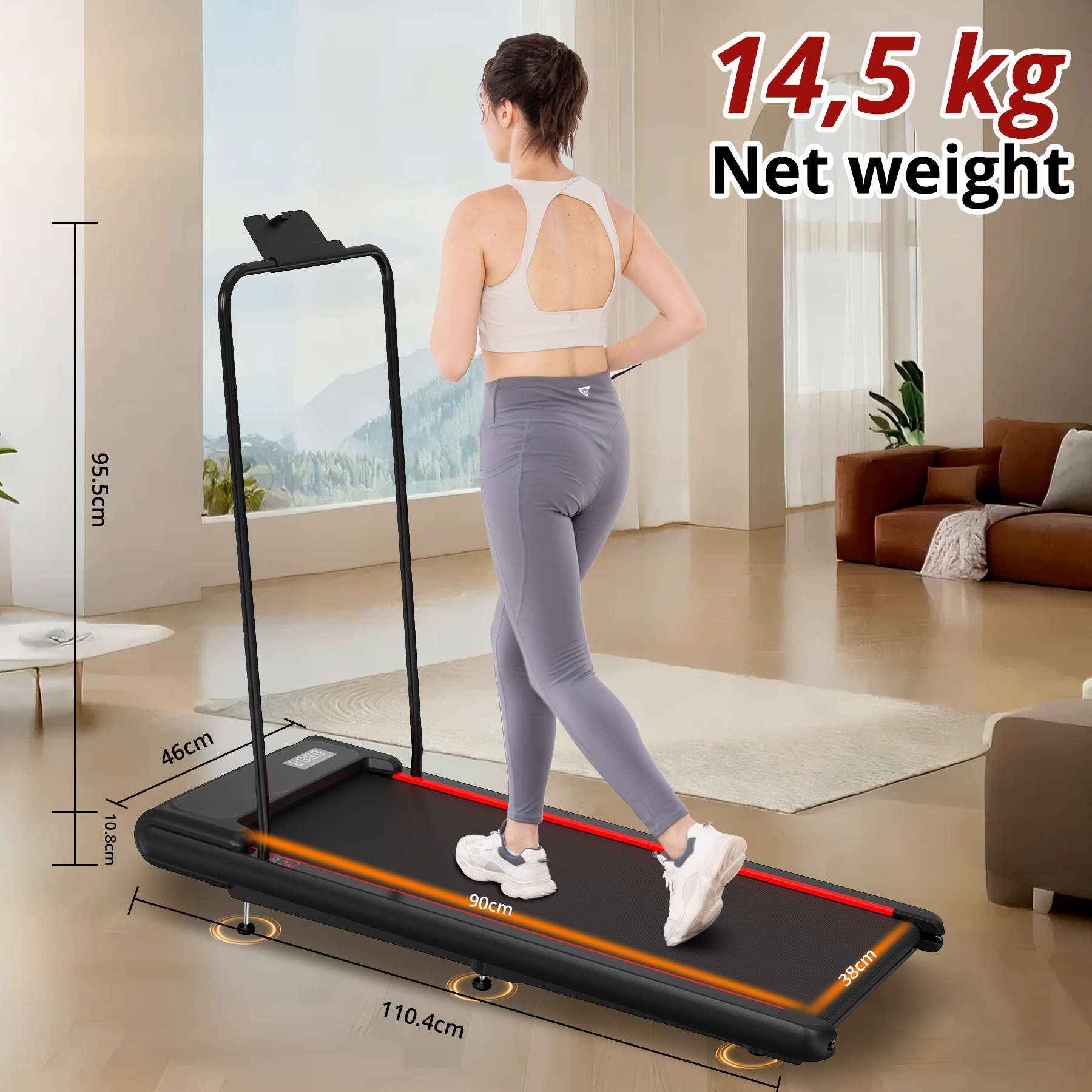 Sportruházatot viselő nő fut egy fekete futópadon, méretekkel és szöveggel.