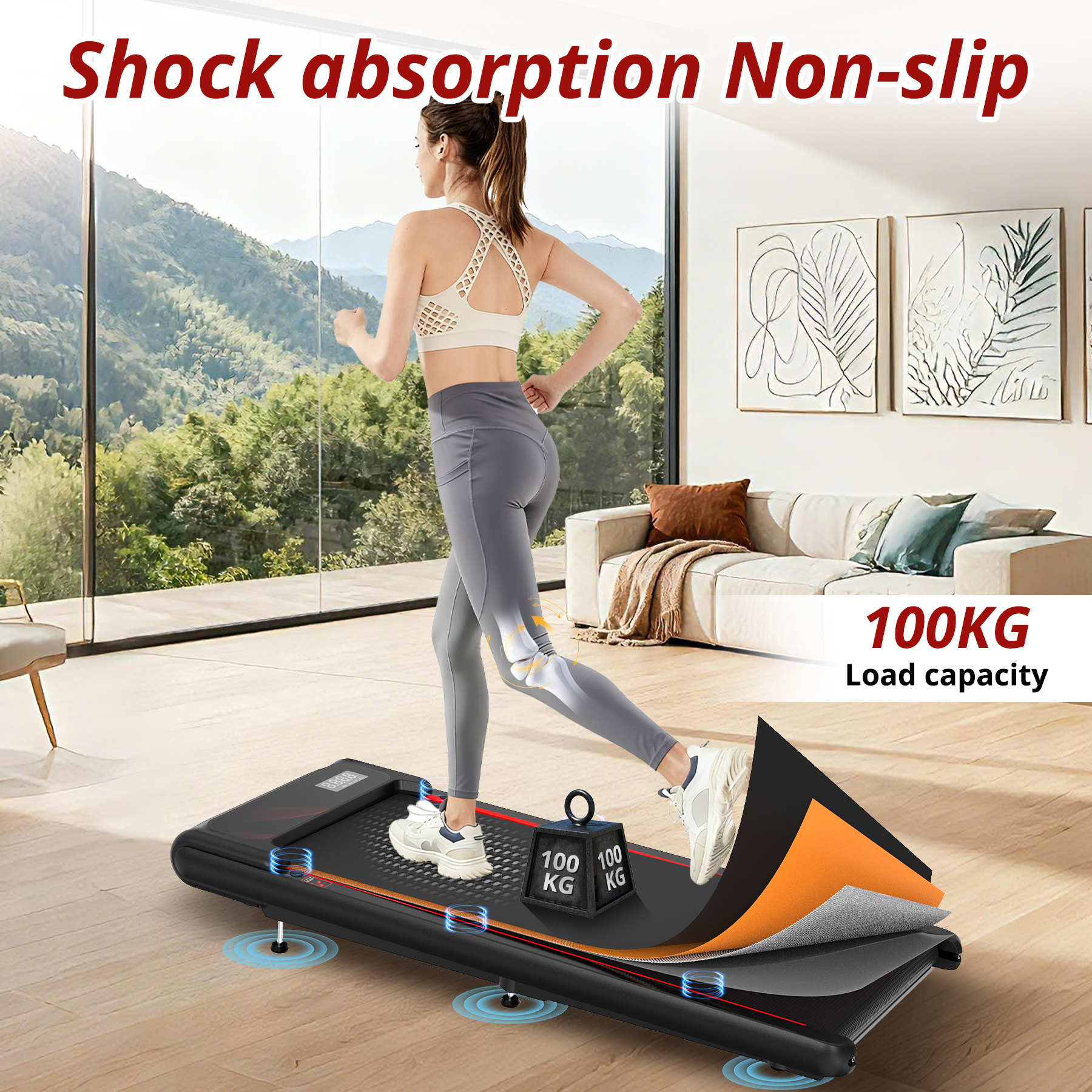 Egy nő egy fekete futópadon fut 100 kg-os teherbírással egy világos nappaliban.