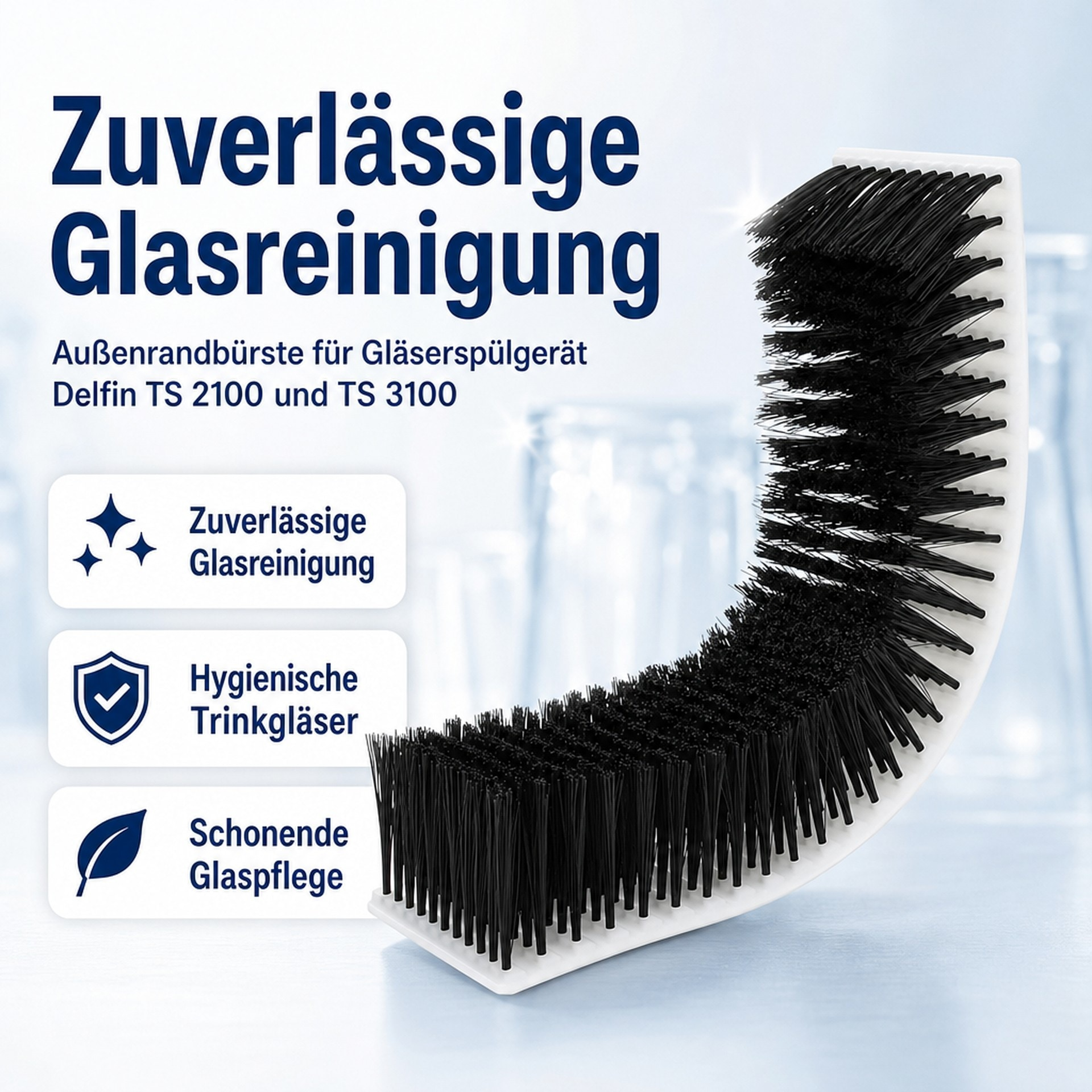Eine schwarze Bürste mit weißer Basis vor blauem Hintergrund mit deutschem Werbetext.