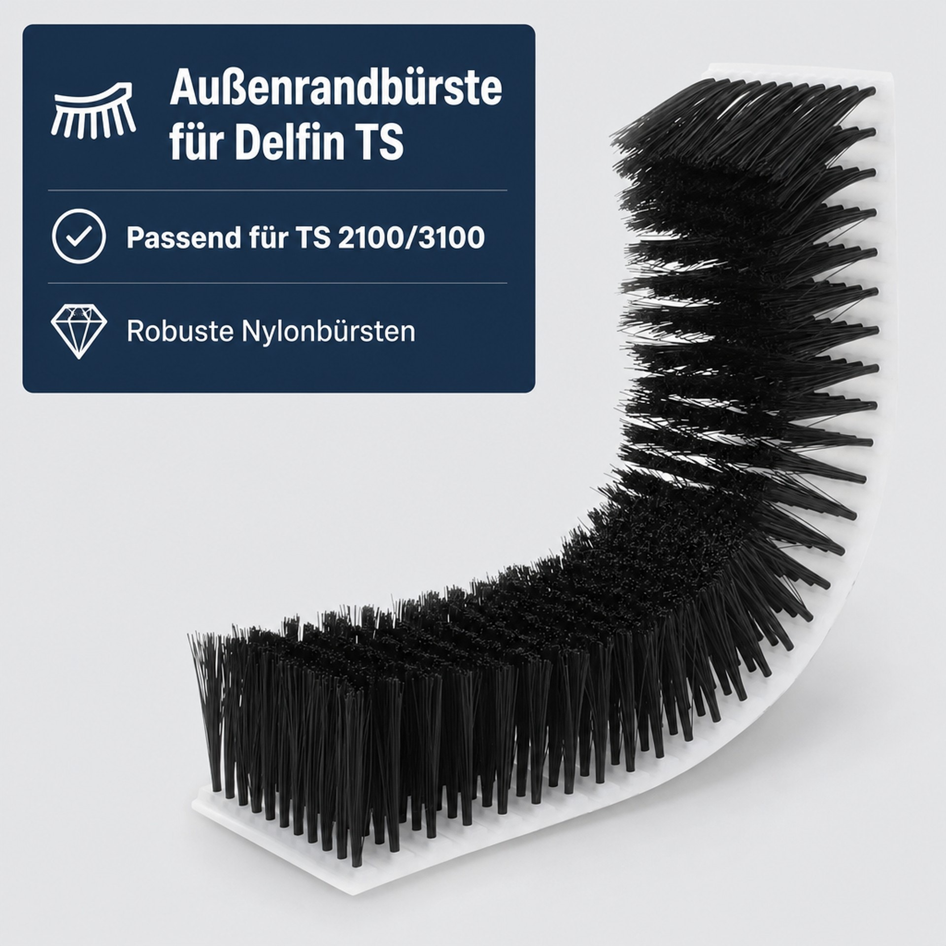 Gekrümmte weiße Außenrandbürste mit schwarzen Nylonborsten auf weißem Hintergrund und Textfeld.