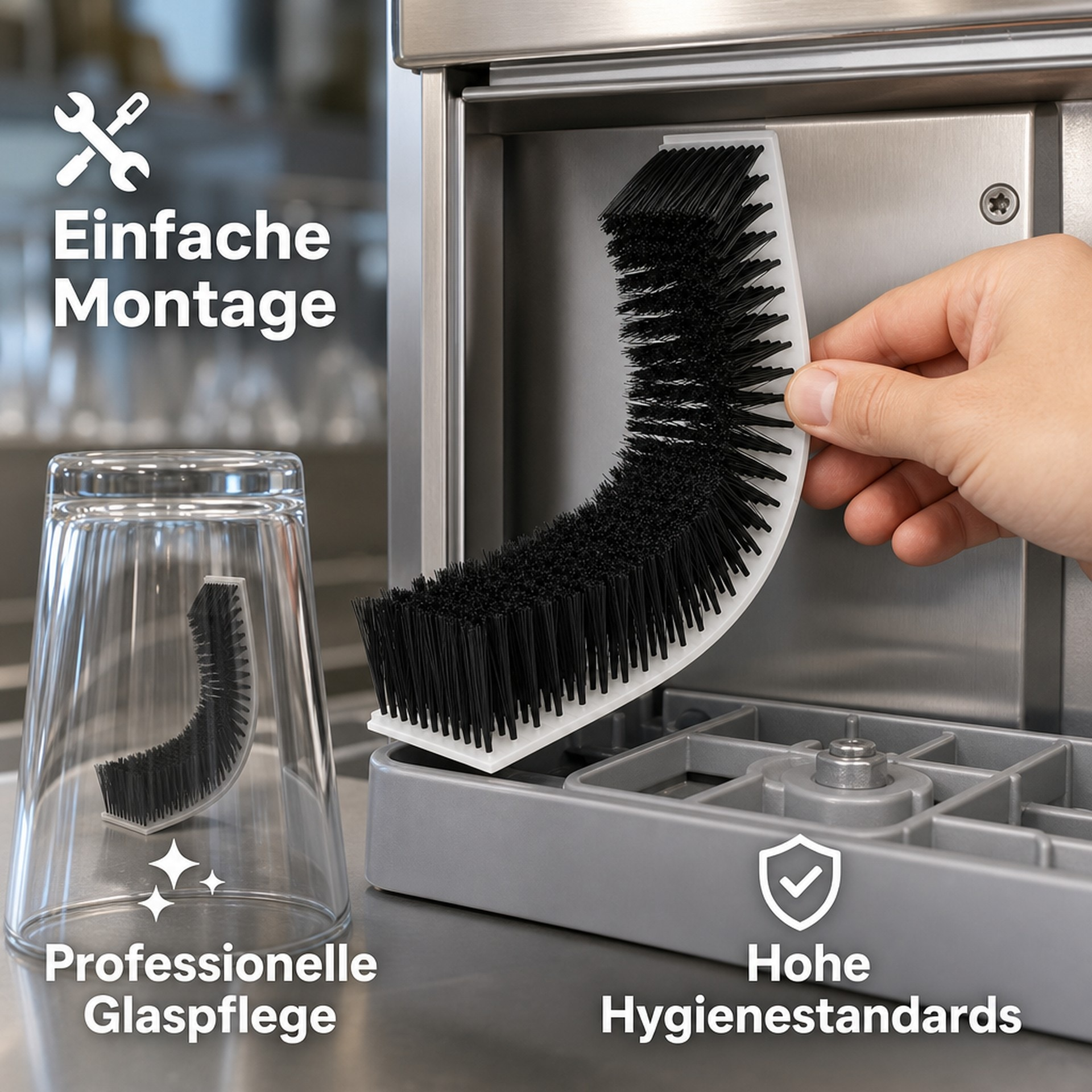 Hand montiert gebogene schwarze Bürste in Edelstahlvorrichtung neben umgedrehtem Glas.