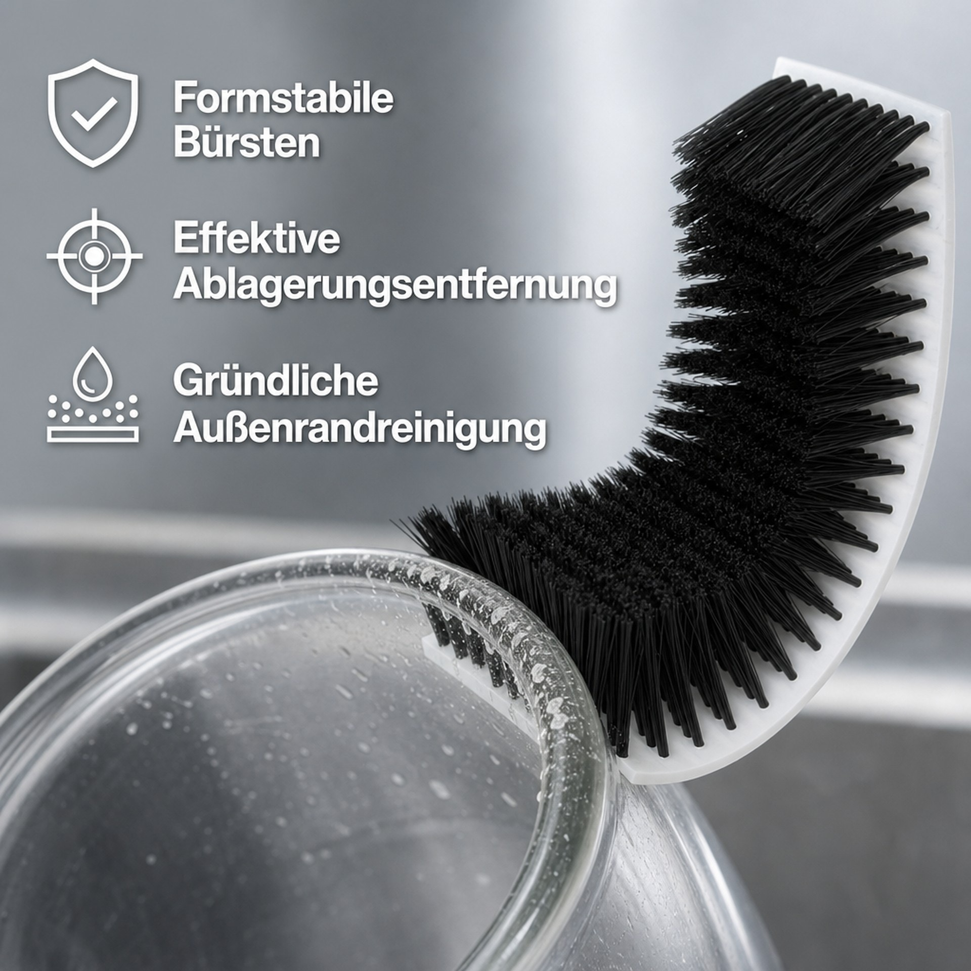 Eine gebogene schwarz-weiße Randbürste reinigt den Rand eines Glasgefäßes, links deutscher Text zu den Eigenschaften.