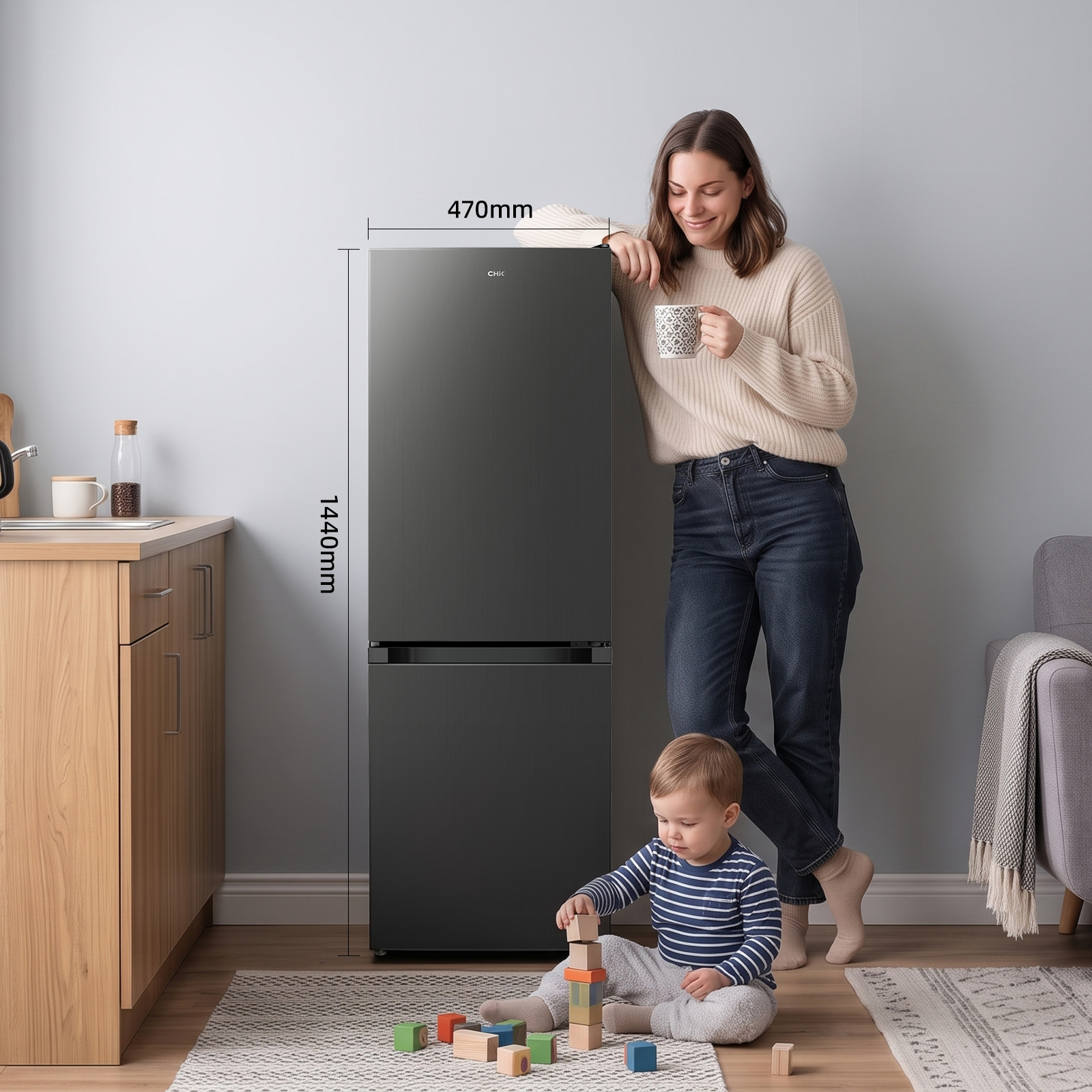 A woman with a cup leans on a black refrigerator, while a child plays with building blocks on the rug.