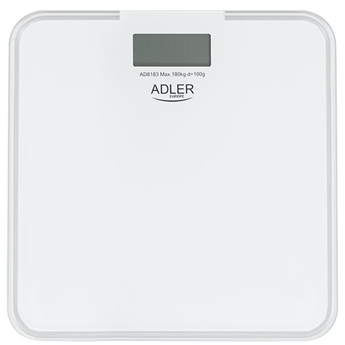 Eine weiße digitale Personenwaage mit dem Markennamen Adler Europe und einem kleinen Display oben.
