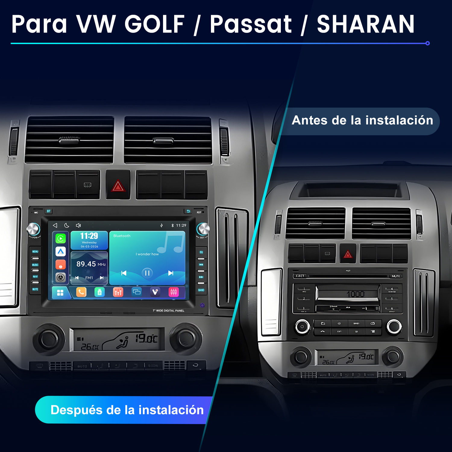 Comparación del tablero de un auto antes y después de instalar una nueva radio táctil multimedia.