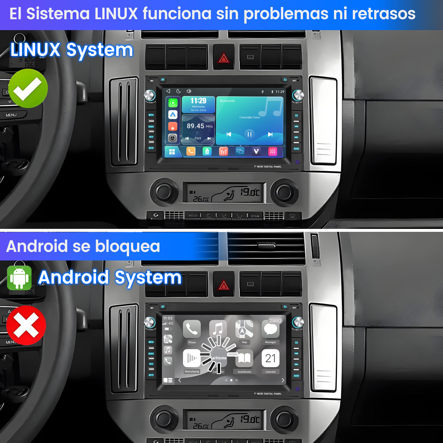Comparación de una interfaz de radio de coche Linux fluida frente a un sistema Android lento.