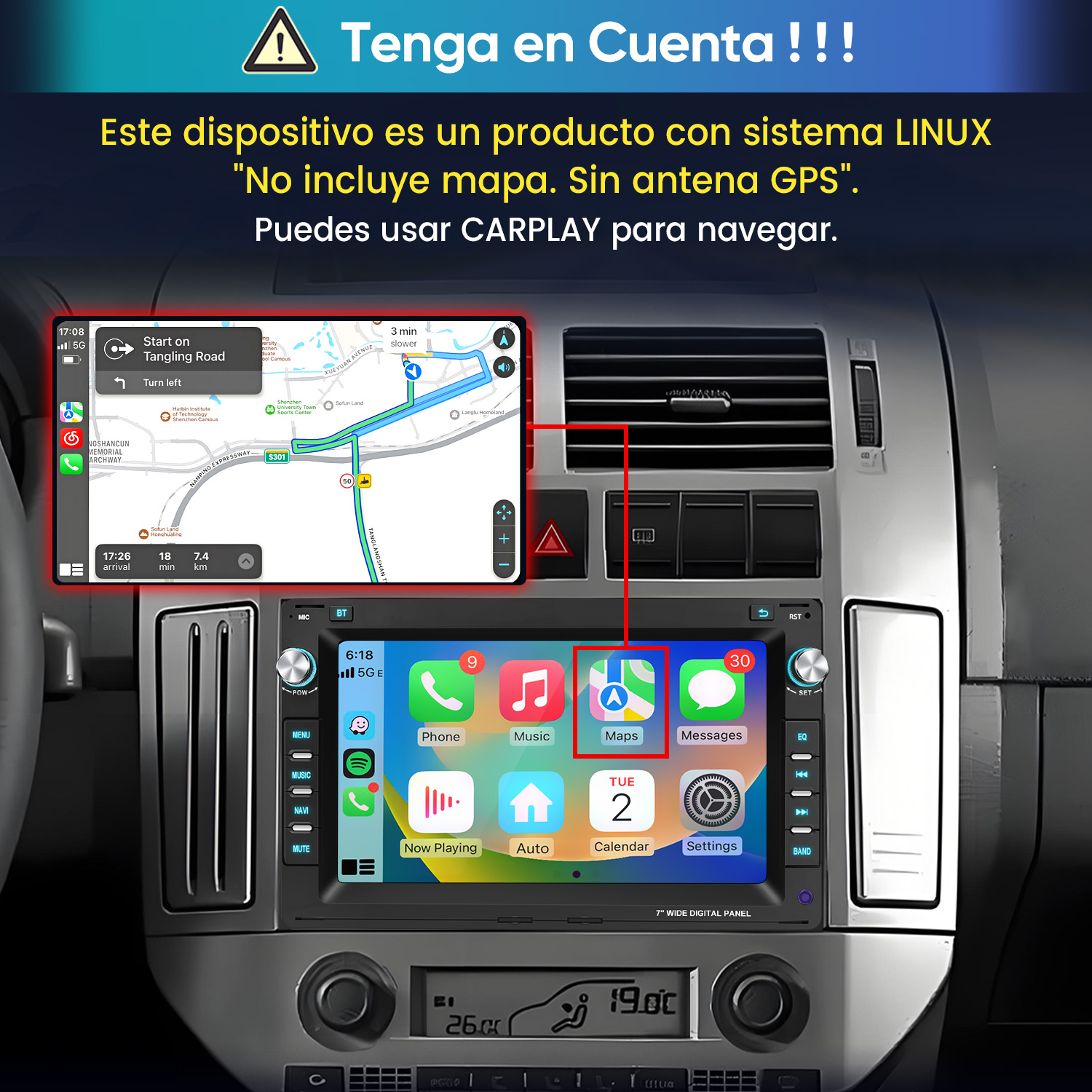 Autoradio Linux con navegación CarPlay, iconos de aplicaciones y texto de advertencia.