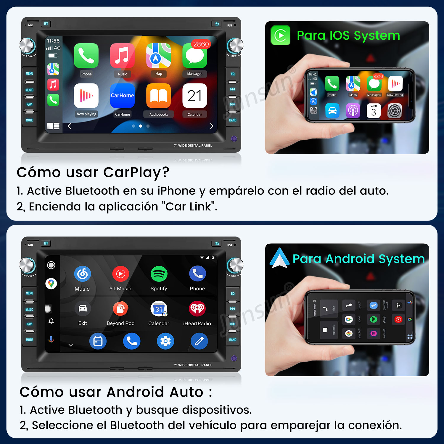 Guías sobre cómo usar Apple CarPlay y Android Auto en la pantalla de la radio del auto.