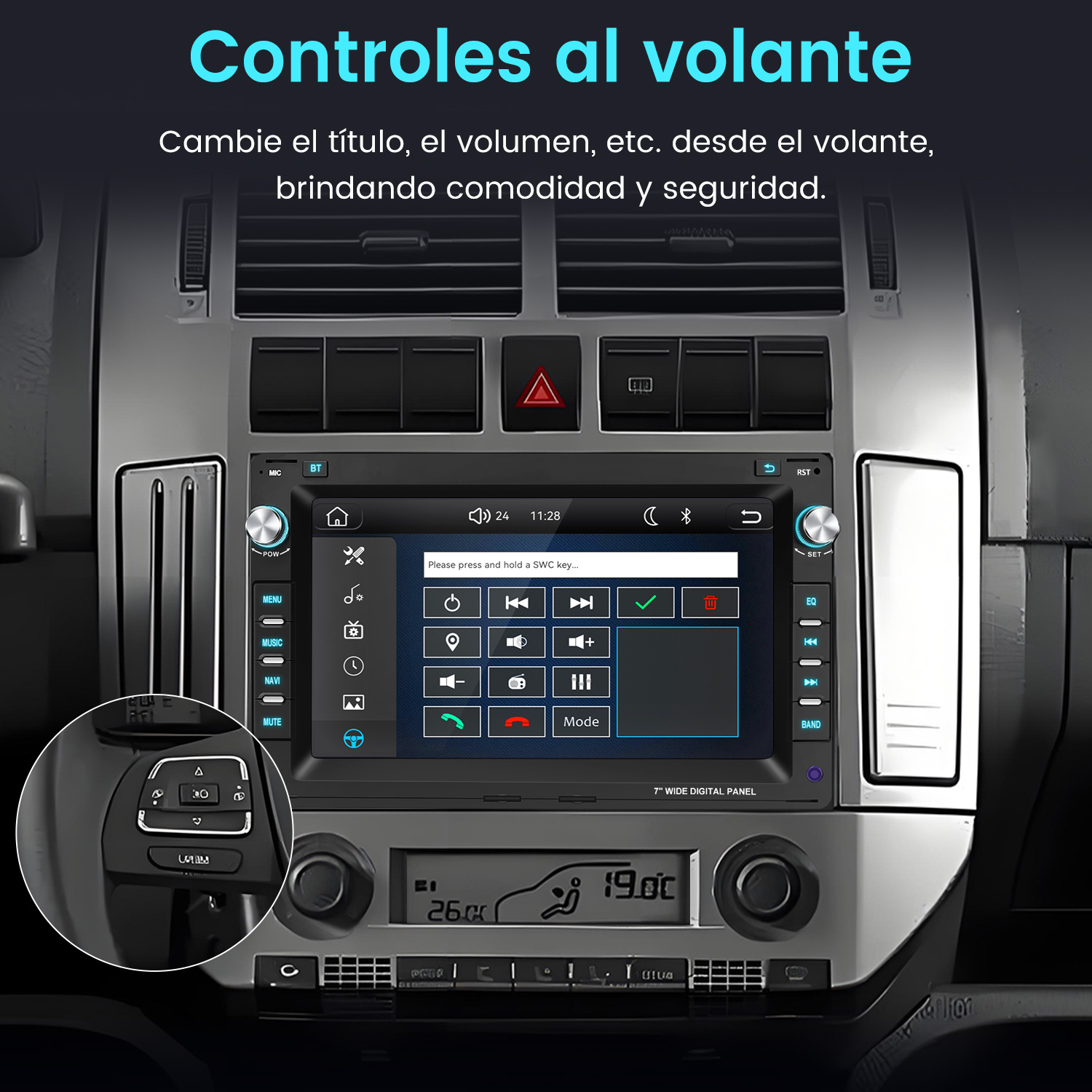 Interior de coche con pantalla digital, controles del salpicadero e inserto del volante.