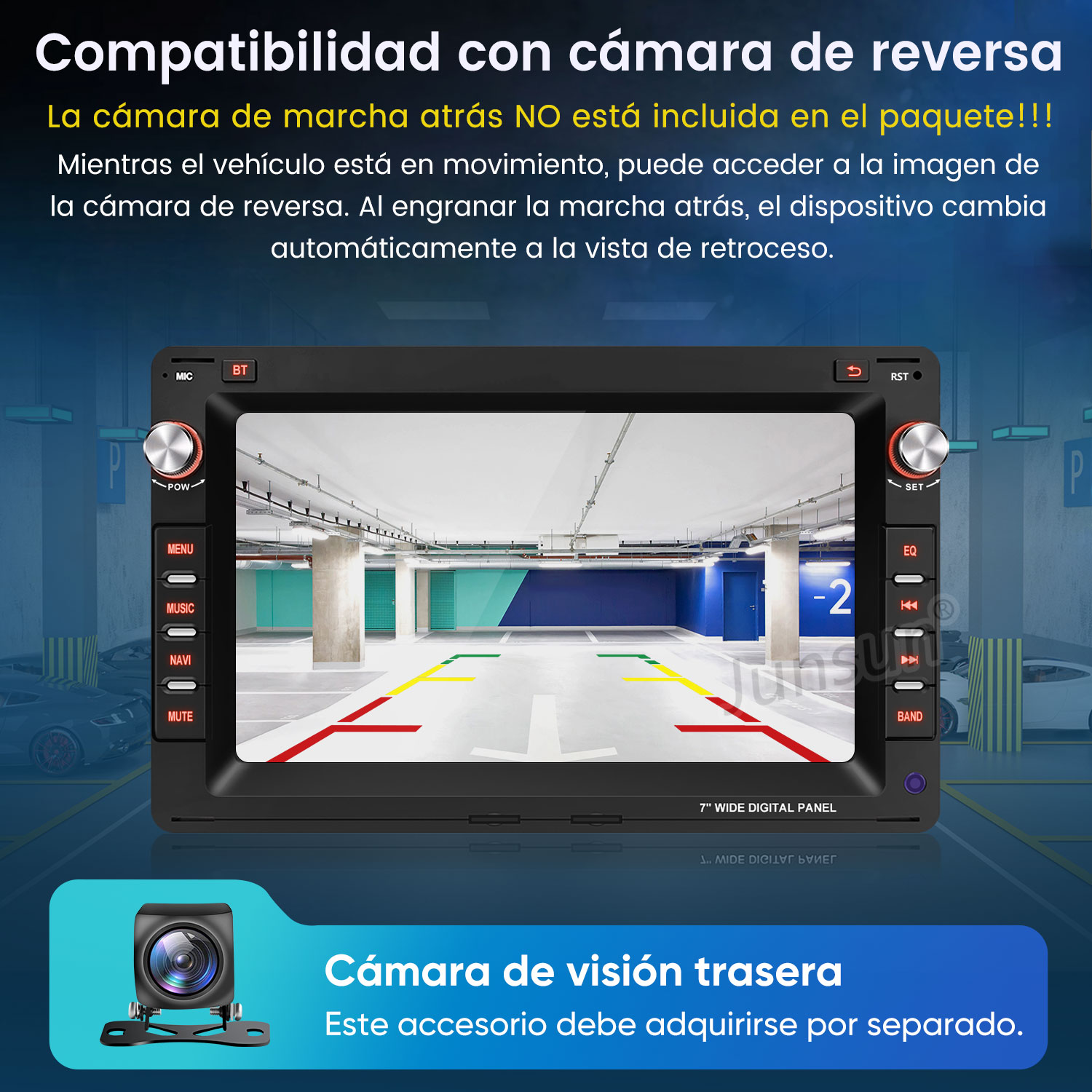 Autoradio con pantalla que muestra la vista de un estacionamiento subterráneo.